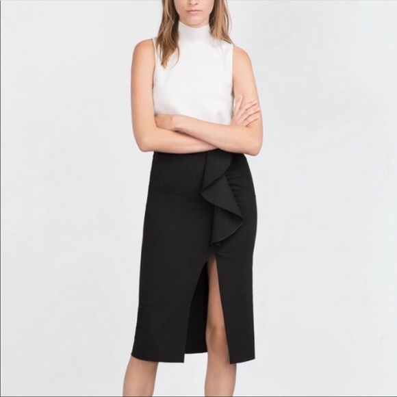 ZARA black pencil skirt with ruffle - Picture 2 of 5